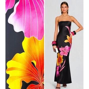 $650 Retrofete Keaton Black Floral Satin Strapless Designer Slip Dress Medium